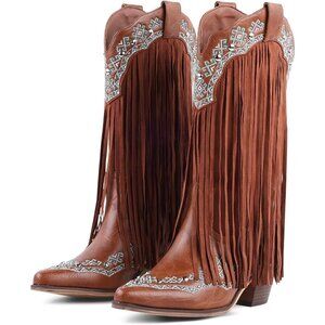 Women Tan Faux Leather Western Cowboy Boots Chunky Heel Comfortable Mid Calf